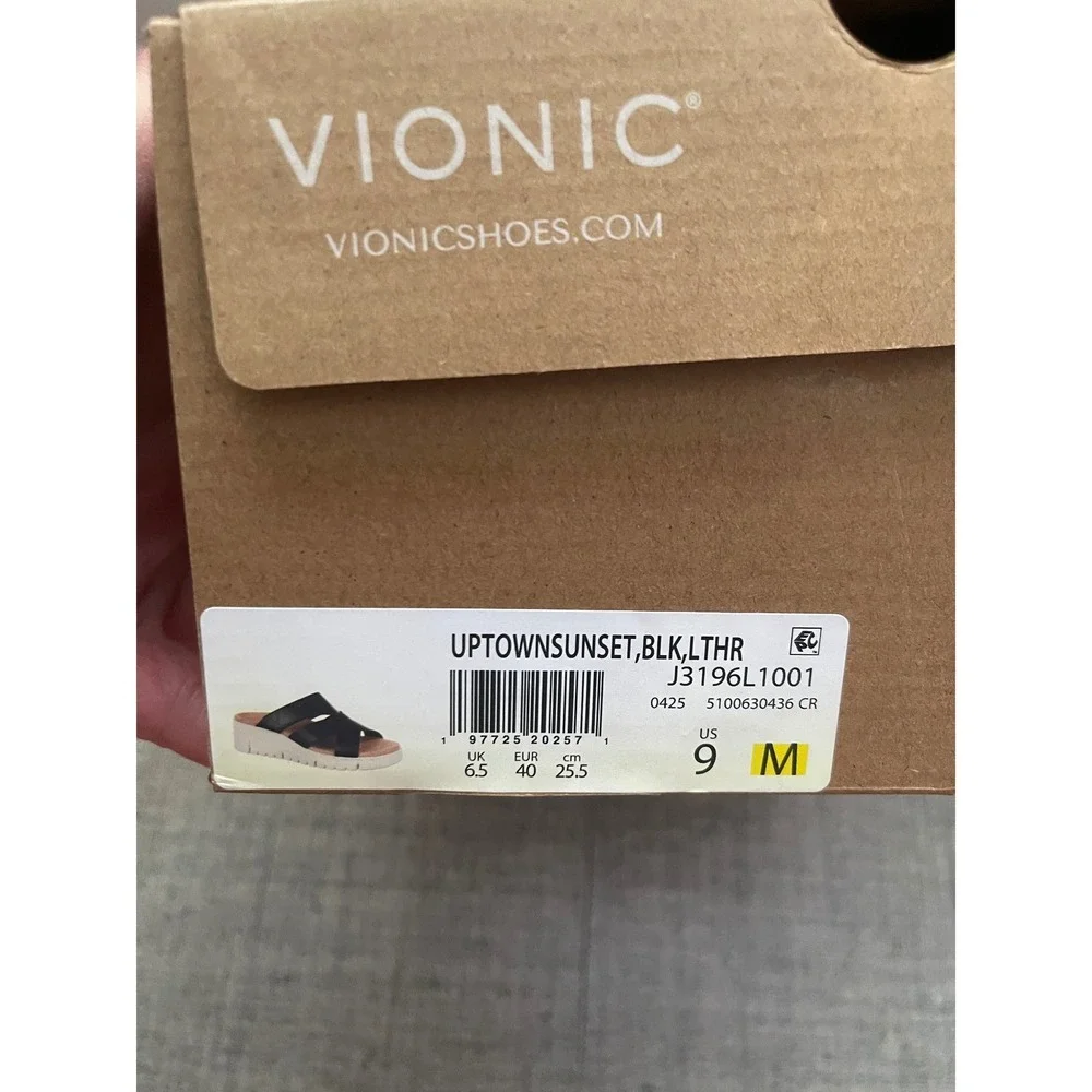 VIONIC Uptown Sunset Slide Sandal Black 9 NEW Leather Platform Comfort Cushion